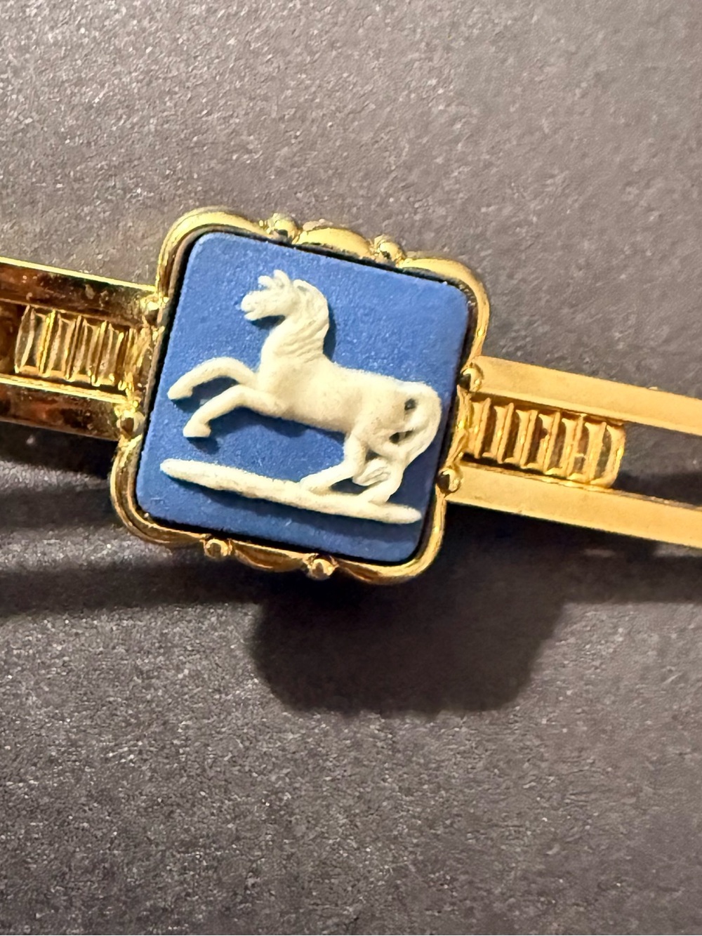 Gold Tone Blue Jasperware Horse Tie Bar- No box - Picture 6 of 8
